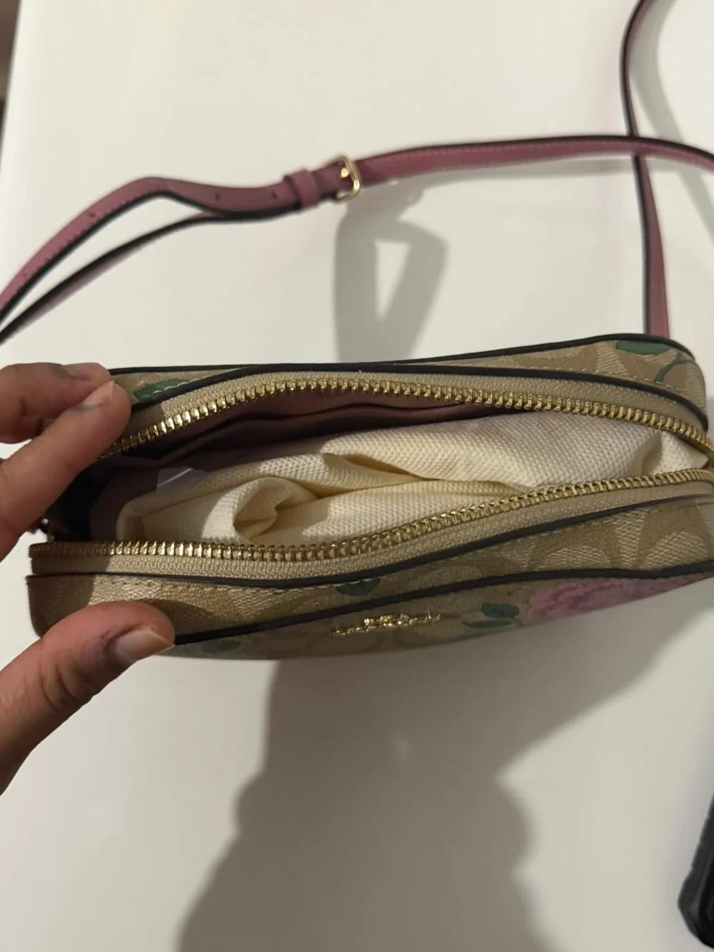 Coach Signature Floral Crossbody in Tan and Pink